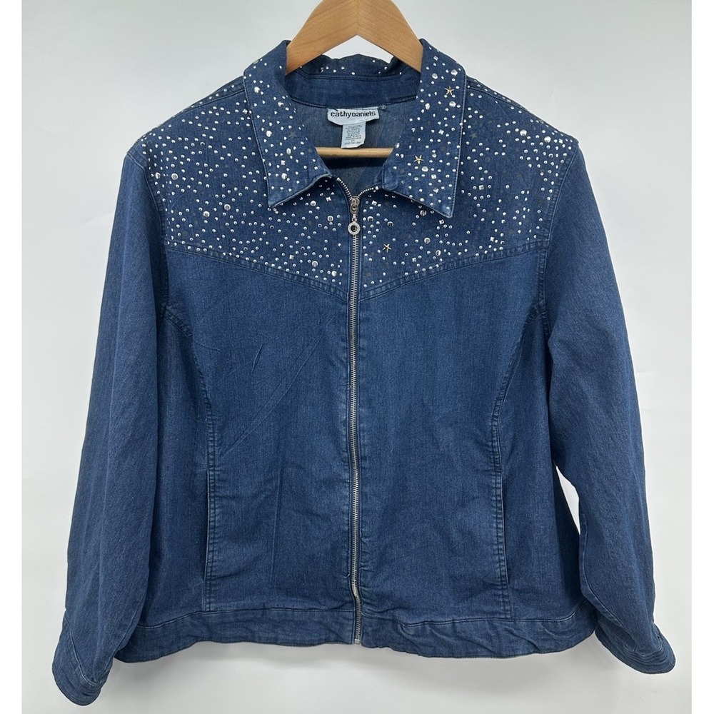 Cathy Daniels Denim Rhinestone Accent Full Zip Jean Jacket Women's Size 2XL